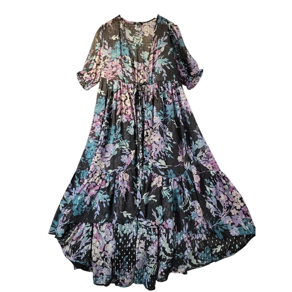 Torrid Floral Chiffon Tie Front Duster Kimono Black Purple 0 L Fairy Goth - Picture 2 of 13